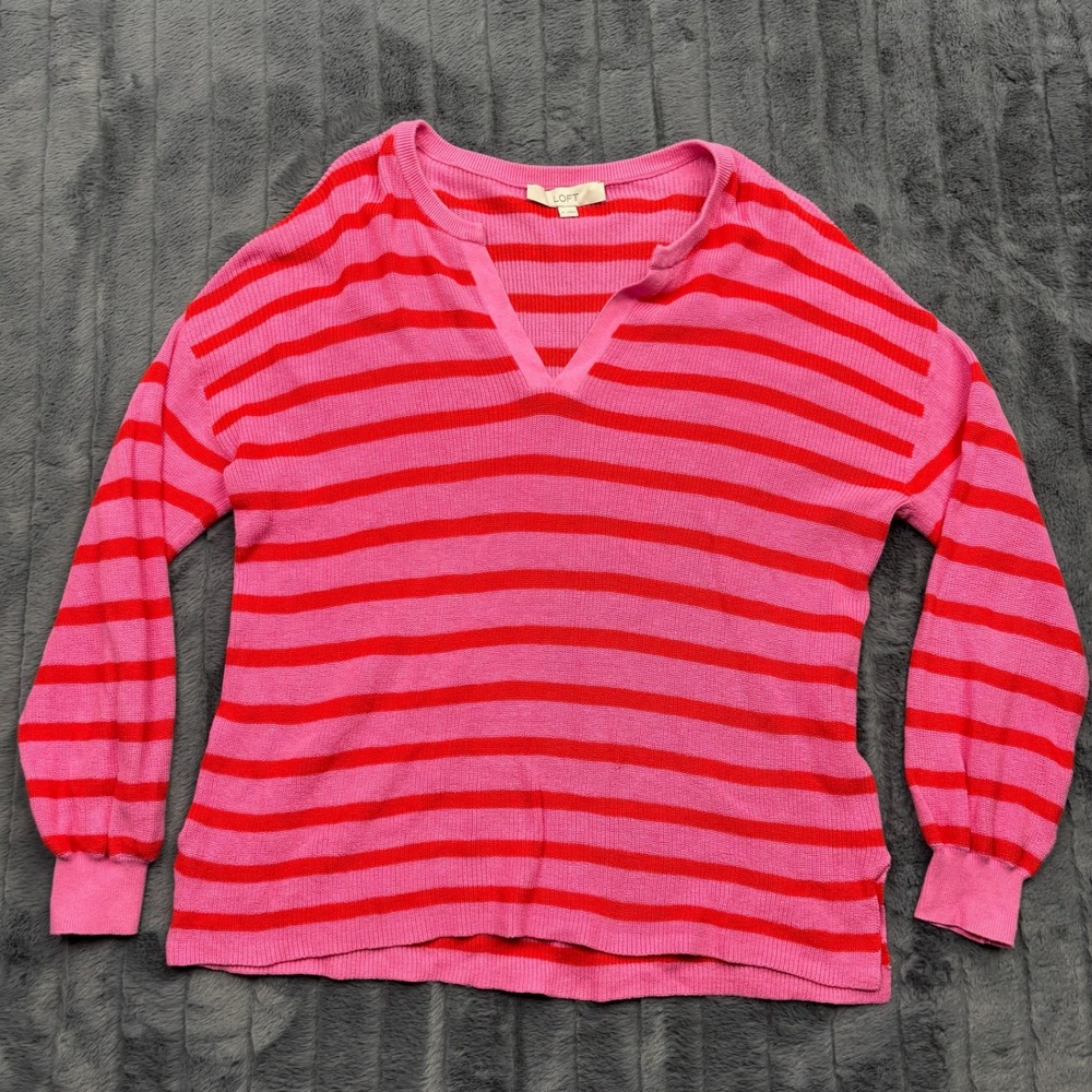 Loft Womens Pink Red Striped Cotton Split V-Neck Sweater Size M 10719